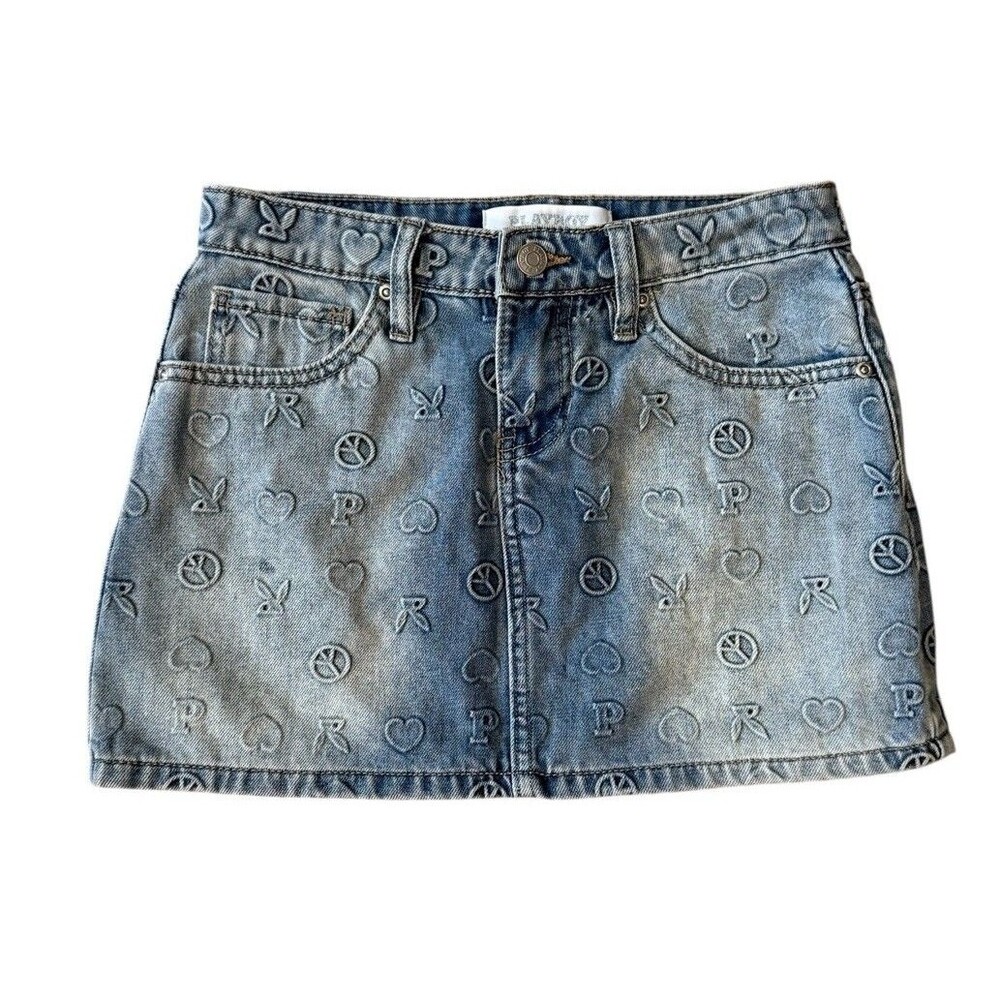 Playboy Denim Mini Skirt Embossed Logo Sz 1 NEW Heart Peace Bunny